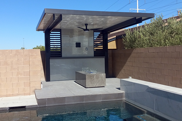A cantilever patio next to a residential pool
