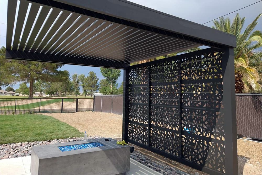 A cantilever patio cover with 4K Aluminum open lattice