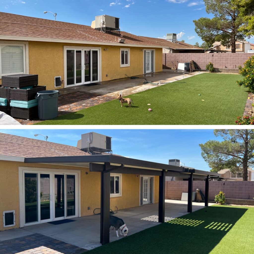 A before/after photo showing a yellow home with no rear patio and with a new paver surface and patio cover