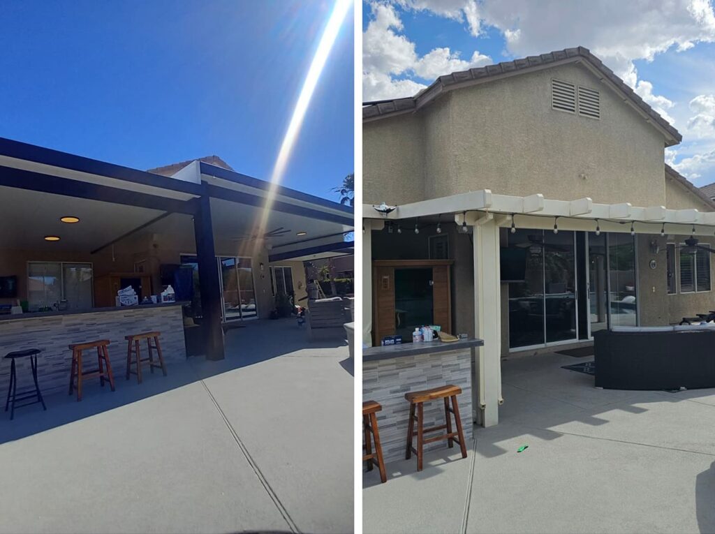 A before/after photo showing a completely new solid patio cover installation