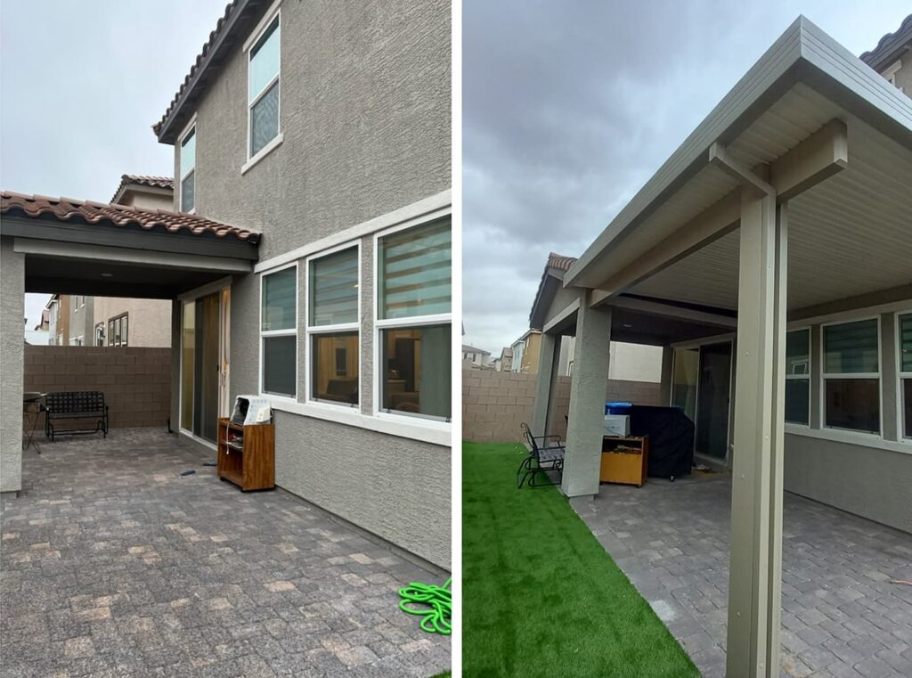 A before/after photo of a Las Vegas residence having a solid patio cover installed