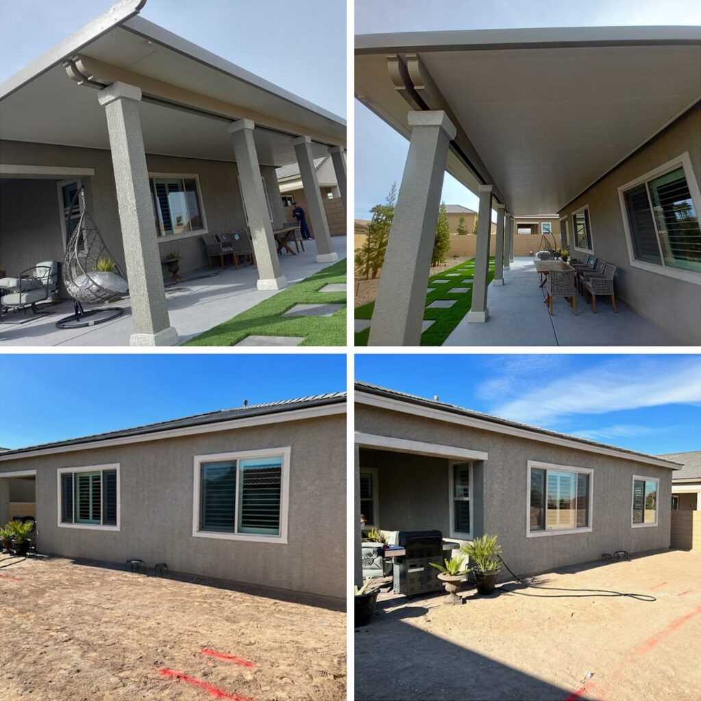 A before/after photo of a residence without a yard patio cover and later with an insulated patio cover with Alumawood material